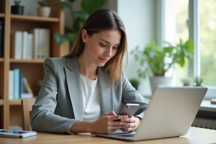Femme consultant son smartphone pour effectuer un virement bancaire instantané depuis son bureau à domicile