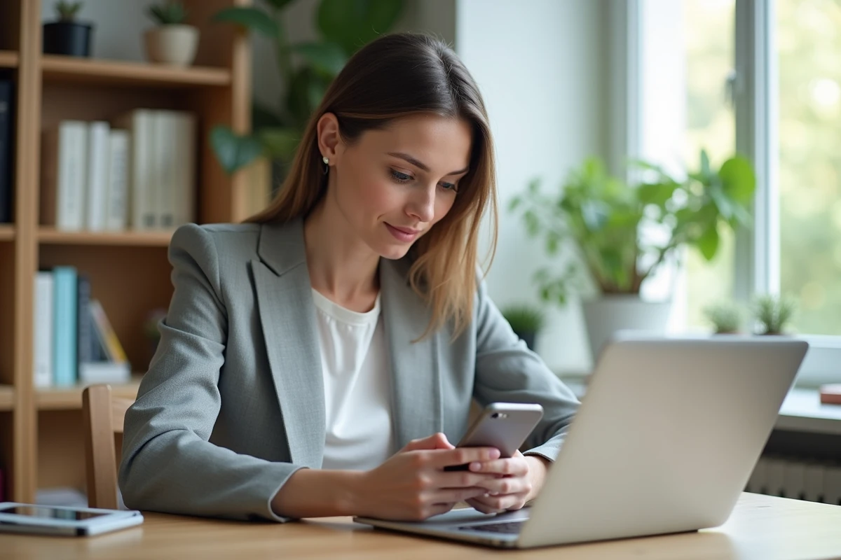 Femme consultant son smartphone pour effectuer un virement bancaire instantané depuis son bureau à domicile