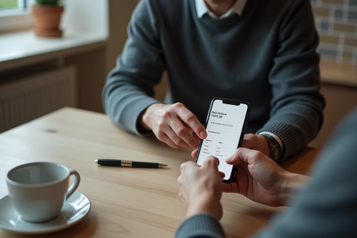 Mains tenant un smartphone avec une application bancaire affichant une confirmation de virement sécurisé